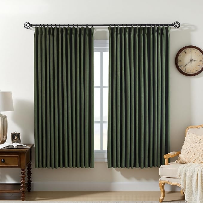 Pinch Pleated Curtains 100% Blackout Linen Curtains 63 Inches Long for Bedroom Living Room, Olive Green Memory Trained Thermal Insulated Room Darkening Window Drapes with Hooks 2 Panels 40"Wx63"L