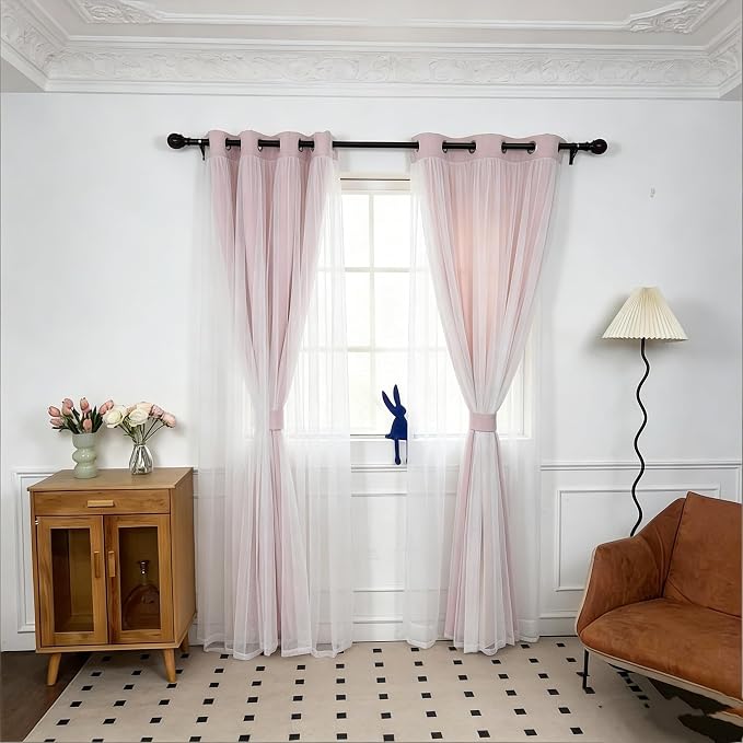 INLINAS Pale Pink Blackout Curtains with Sheer Overlay - Grommet Top Thermal and Noise Reduction Panels for Bedroom and Living Room Light Blocking and Energy Saving, 37 x 84 Inches, Set of 2