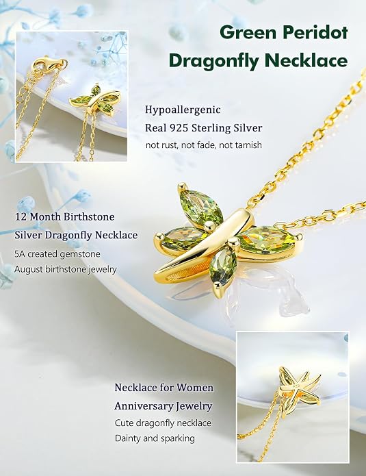 925 Sterling Silver Birthstone Necklaces for Women, Dainty Cute Dragonfly/Butterfly Pendant Necklace, Great Christmas/Anniversary Jewelry for Mother