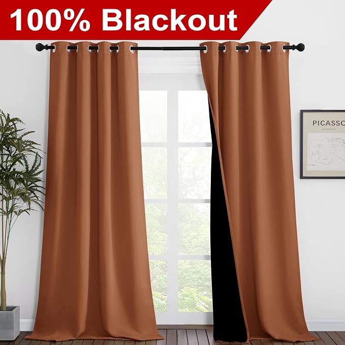 NICETOWN Burnt Orange Blackout Curtains 90 inches Long, Full Light Blocking Drapes with Black Liner for Nursery, Thermal Insulated Draperies for Hall, Villa (2 Pieces, 46" Wide Each Panel)