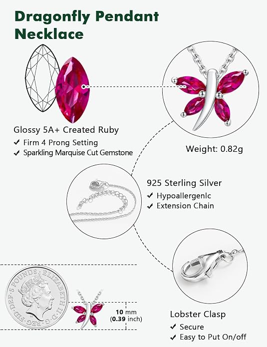 925 Sterling Silver Birthstone Necklaces for Women, Dainty Cute Dragonfly/Butterfly Pendant Necklace, Great Christmas/Anniversary Jewelry for Mother