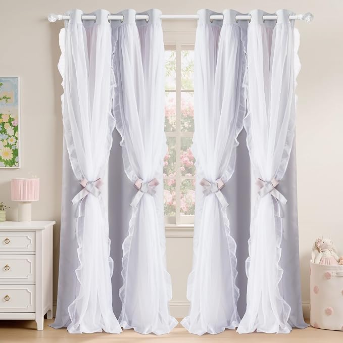 PONY DANCE Gradient Blackout Curtains for Living Room Decor Window Treatment Double Layer Drapes Ruffle Sheer Overlay Farmhouse Rustic Design, W 52 x L 84 Inches, Grey-Pink, 2 Panels