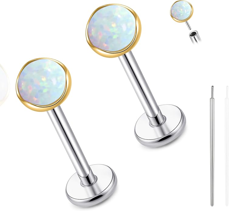 limerencia 18G Hypoallergenic Titanium Opal Threadless Nose Stud Earrings, 2PC Flat Back Push in Stud Earrings Labret Medusa Monroe Helix Cartilage Tragus Conch Piercing Jewelry for Women Men