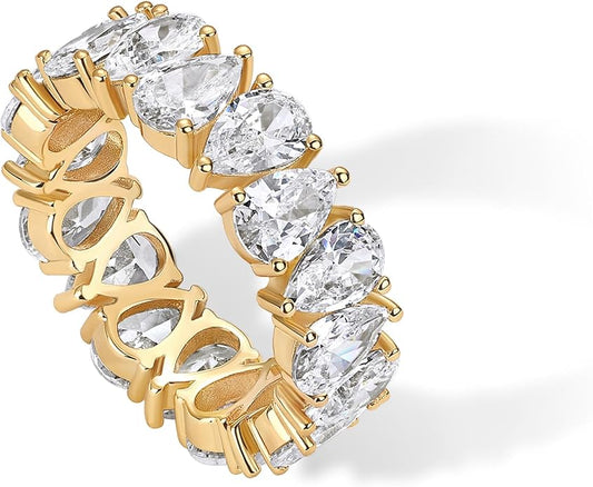 PAVOI 14K Gold Plated Pear Love Eternity Rings for Women | Gold Cubic Zirconia Ring | Bridal Eternity Wedding Band Ring