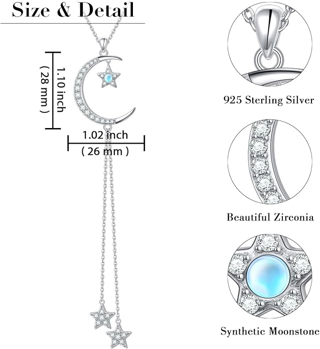 Ladytree 925 Sterling Silver Crescent Moon and Star Necklace with Created Moonstone Long Y Necklace Elegant Jewelry Gift for Women