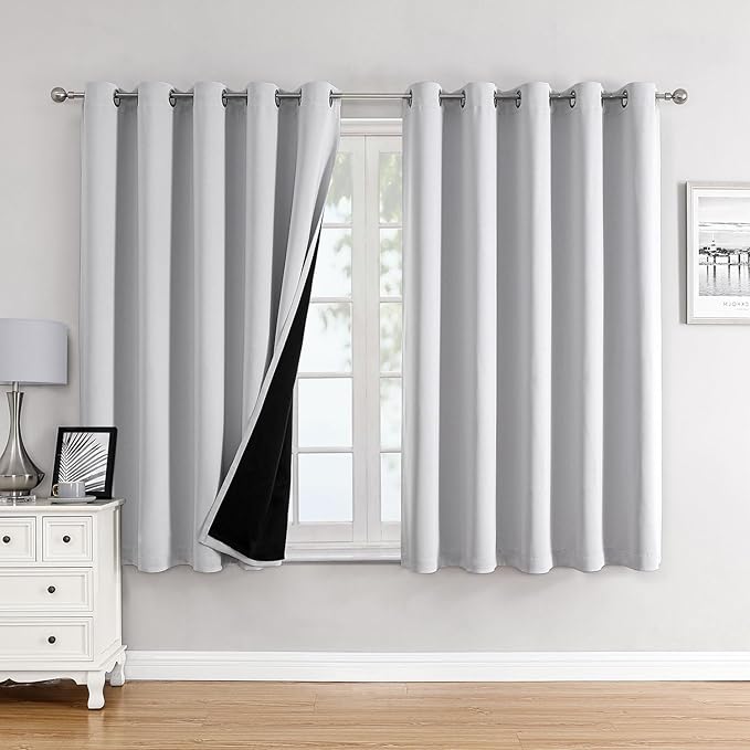 ChrisDowa 100% Blackout Curtains for Bedroom 63 Inches Long 2 Panels Set | 2 Thick Layers, Thermal Insulated, Light Blocking, Grommet, Window Treatment, Living Room Drapes, Greyish White, 60 x 63 Inch