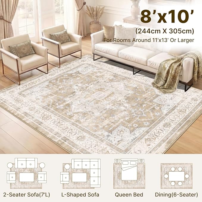 8x10 Area Rug for Living Room-Vintage Farmhouse Boho Floral Neutral Washable Stain Resistant Indoor Carpet for Bedroom Office and Home Decor(Beige&Brown)