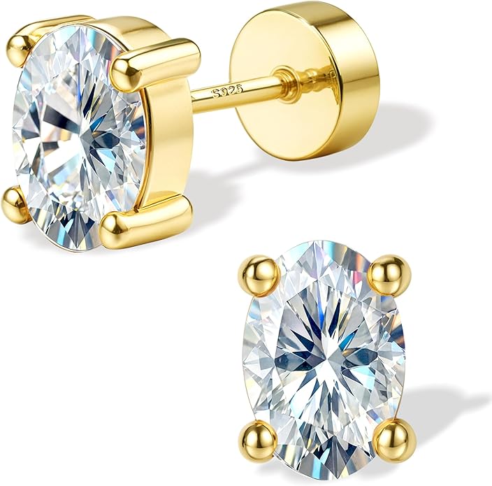 GEMQUEEN Moissanite Earrings Studs Flat Back Earrings Hypoallergenic - 14K Gold Plated Sterling Silver Earring for Women Men Small Dainty Cartilage Helix Piercing Jewelry D Color VVS1