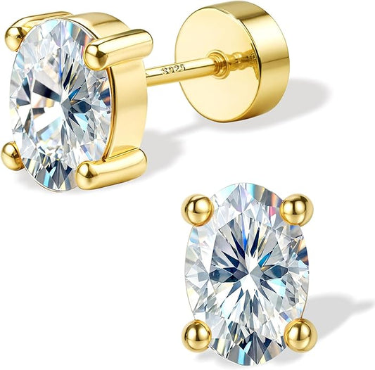 GEMQUEEN Moissanite Earrings Studs Flat Back Earrings Hypoallergenic - 14K Gold Plated Sterling Silver Earring for Women Men Small Dainty Cartilage Helix Piercing Jewelry D Color VVS1