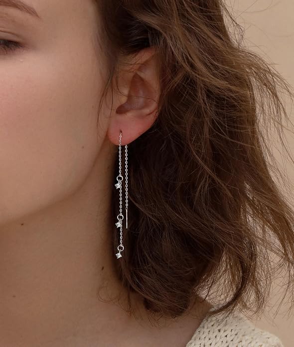 S.Leaf S925 Sterling Silver Threader Chain Earrings 18K Gold Plated Cubic Zirconia Dainty Dangle Double Piercing Long Drop Dangly Pull Through Tassel Chain Earrings Gifts for Women