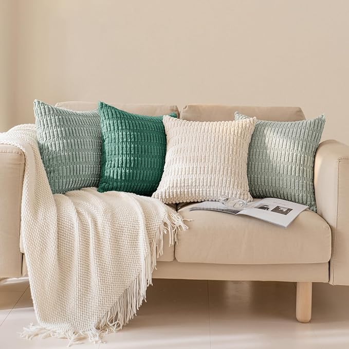 Softalker Grren Throw Pillow Covers,22x22 Inch Set of 4, Corduroy Soft Striped Farmhouse Boho Pillow Cover, Modern Decorative Cushion Pillow Case for Couch Sofa Bedroom Living Room - Beige/Green