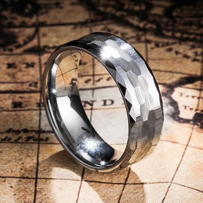 King Will Hammered 8mm Silver Tungsten Ring Hammer Men Wedding Band Comfort Fit