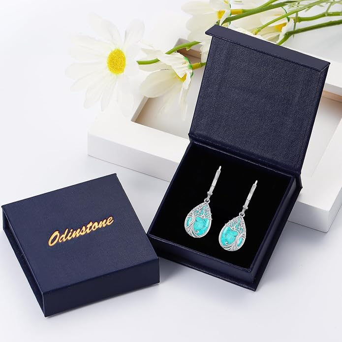 Odinstone 925 Sterling Silver Earrings Tree of Life Teardrop Moonstone Dangle Drop Leverback Earrings for Women