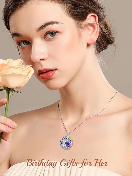 TOUPOP Tree of Life Birthstone Necklace Sterling Silver Pendant Birthstone Necklaces with Blue Crystal Anniversary Birthday Jewelry for Women Mom Wife Her