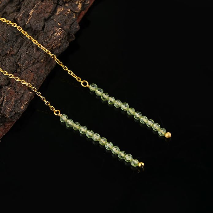 Natural Gemstone Threader Earrings for Women - Dainty 2mm Faceted Beads - Birthstone Crystal Drop Earrings - Silver Plated Healing Jewelry