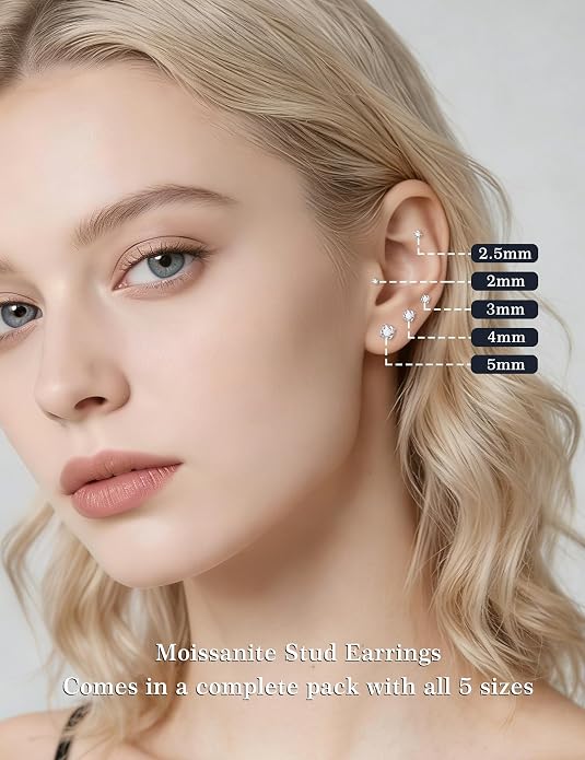 5 Pairs Moissanite Sterling Silver Stud Earrings Set for Women, Hypoallergenic, 2mm, 3mm, 4mm, 5mm