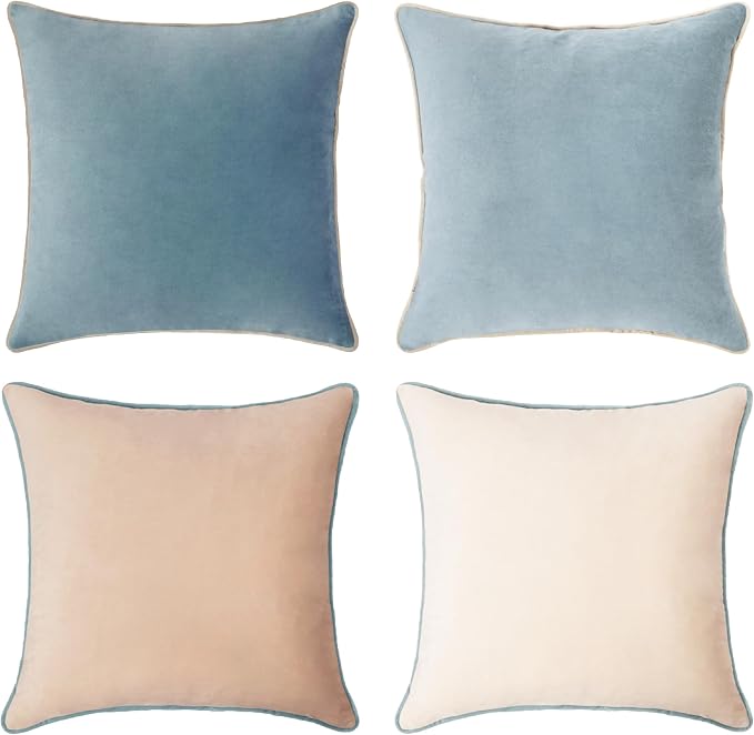 MONDAY MOOSE Decorative Throw Pillow Covers Cushion Cases, Set of 4 Soft Velvet Modern Double-Sided Designs, Mix and Match for Home Decor, Pillow Inserts Not Included (16x16 inch, Beige/Light Blue)