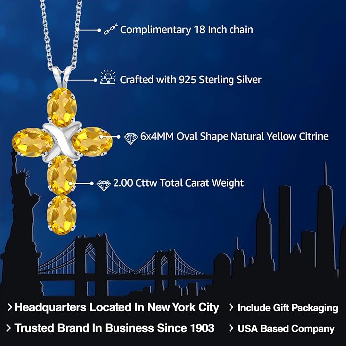 Gem Stone King Cross Pendant Necklace for Women | 925 Sterling Silver | 6X4MM Gemstone Birthstone | Jesus Christian Religious Crucifix Jewelry Gifts | 18 Inch Chain