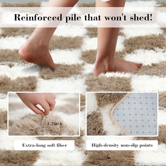 Checkered Rug for Bedroom, 4x6 Beige and White Area Rugs, Classic Checkered Carpets Shag Area Rug, Bedside Rugs for Living Room Bedroom Room Home Decor