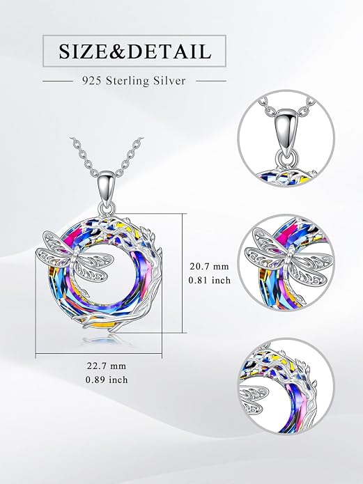 Dragonfly Necklace 925 Sterling Silver Dragonfly/Sunflower Bee Pendant Necklace Dragonfly with Blue Circle Crystal Dragonfly Jewelry Gifts as Holiday Christmas Gifts for Women