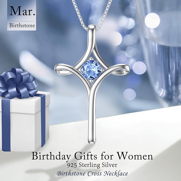 TOUPOP Cross Necklace for Women 925 Sterling Silver Birthstone Cross Pendant Fine Jewelry Anniversary Birthday Mothers Day Gifts for Mom Wife Her