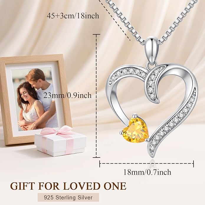 Love Heart Necklace for Women, 925 Sterling Silver Cubic Zirconia Birthstone Heart Pendant Jewelry Gift for Mom, Mother, Wife, Girlfriend on Birthday, Mother's Day, Chain 18 inch