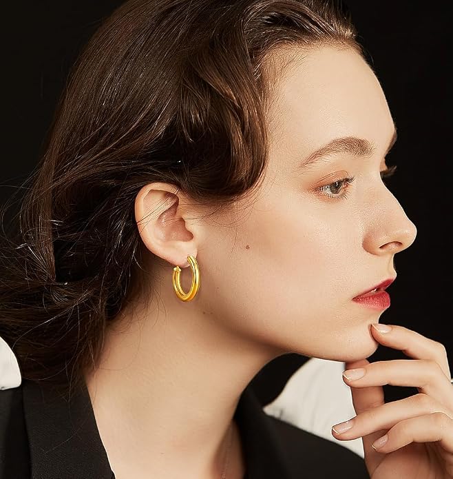 Stainless Steel Chunky Hoop Earrings For Women, Minimalist and Chic, Black/Gold Plated, Round Hoops Earrings Hypoallergenic, Size: 30mm/40mm/60mm/80mm, Come with Box