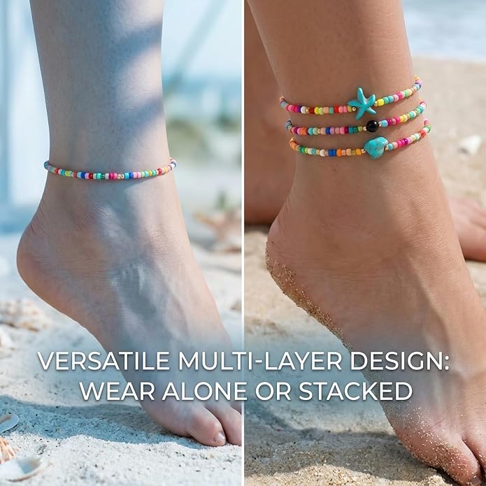 ASIJUNTYECHO Colorful Beaded Anklet Set | 3 Pcs Summer Beach Anklets, Western Turquoise Star & Shell Beaded Anklet Jewelry for Vacation, Boho & Everyday Wear