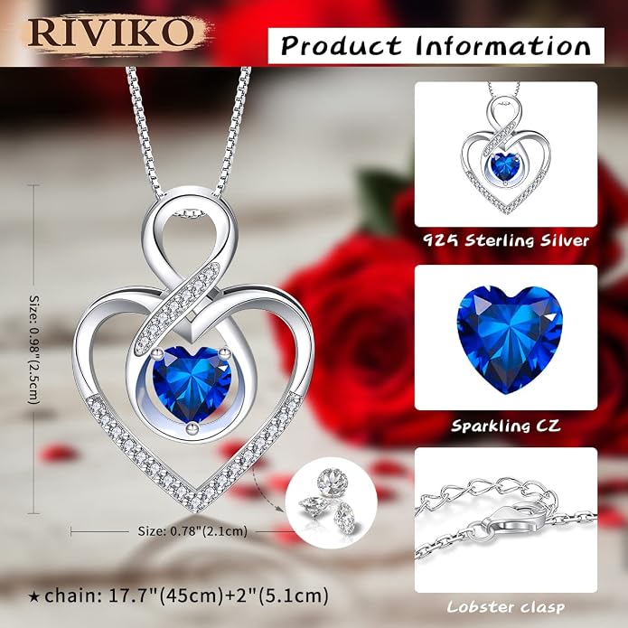 RIVIKO Infinity Heart Symbol Necklace for Women 925 Sterling Silver Love Heart Pendant Mothers Day Anniversary Birthday Christmas Jewelry Gifts for Women Mom Wife Sister Her Friends