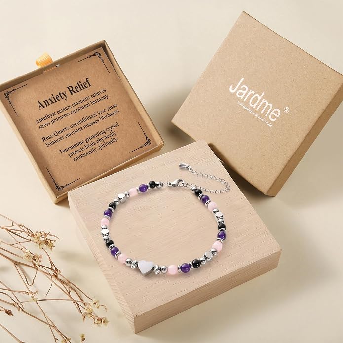Jardme Natural Healing Crystals Bracelets for Women, Anxiety Relief Triple Protection Good Luck, Kalm Bracelet, Inspirational Spiritual Jewelry Gift for Friends Daughter Mom 6.5+2 Inches