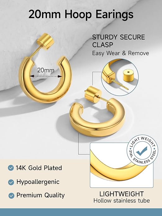 Stainless Steel Chunky Hoop Earrings For Women, Minimalist and Chic, Black/Gold Plated, Round Hoops Earrings Hypoallergenic, Size: 30mm/40mm/60mm/80mm, Come with Box