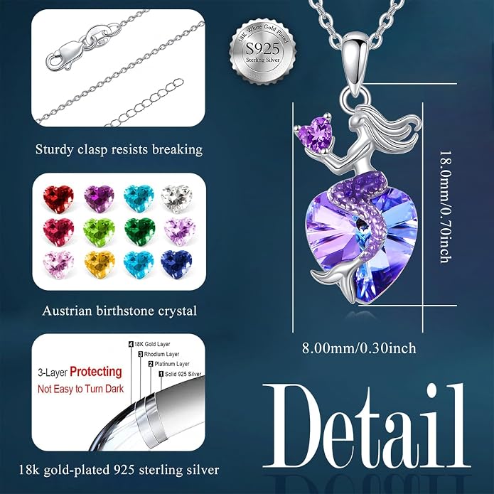 Mermaid Birthstone Necklace for Women 925 Sterling Silver Jewelry Austrian Crystal Pendant Christmas Gifts for Her