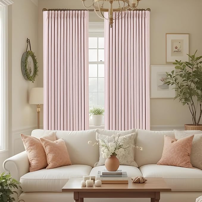 IVAPUPU Pink Pinch Pleated Full Blackout Linen Curtains for Girls Bedroom, Black Out Curtains 95 Inches Long Room Darkening Thermal Insulated Pleat Drapes Baby Pink Dusty Blush for Nursery, 2 Panels