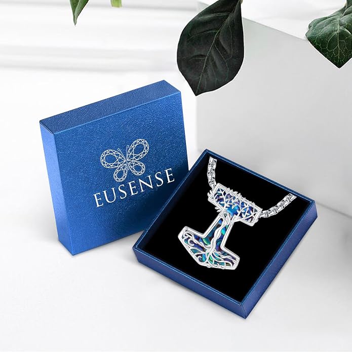 Eusense Viking Jewelry for Men Women Sterling Silver 925 Mjolnir Thors Hammer Pendant Celtic Cross Necklace Wolf Odin Raven Freya Goddess Norse Pagan Compass Vegvisir Yggdrasil Nordic Viking Necklaces Gifts