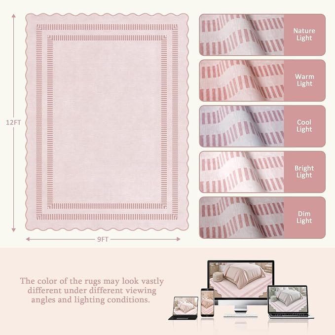 Pink Rugs for Living Room 9x12, Machine Washable Scalloped Area Rugs for Bedroom Girls, Non Slip Ultra-Thin Low-Pile Carpet for Playroom Nursery Kids Room
