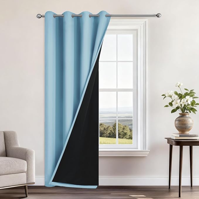 Yakamok Sky Blue 100% Blackout Curtains 84 Inches Long 52" Wide 1 Panel | Blackout Curtain Panels for Bedroom, 2 Thick Layers Grommet Top Thermal Insulated Drapes with Black Liner for Living Room
