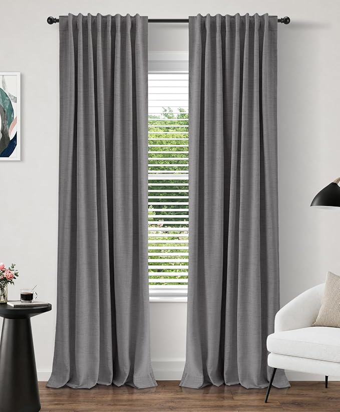 INOVADAY 100% Blackout Curtains 108 Inches Length 2 Panels Set, Back Tab/Rod Pocket Linen Black Out Curtains for Bedroom, Thermal Insulated Window Drapes - Dark Grey, W50 X L108