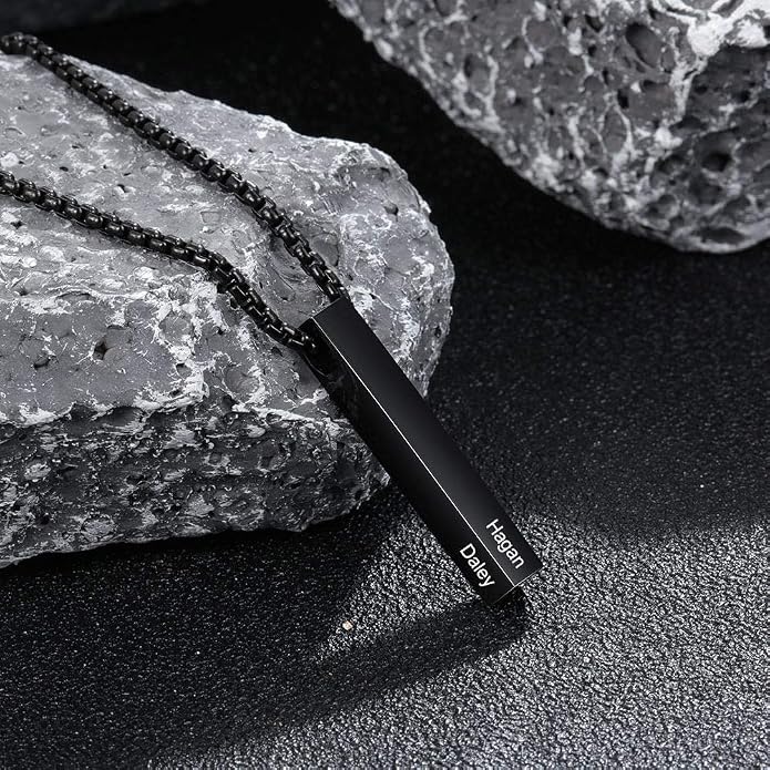 Personalized Men's Name Bar Necklace Engraved Initial Name Stainless Steel Vertical Bar Necklace for Father Husband Boyfriend Birthday