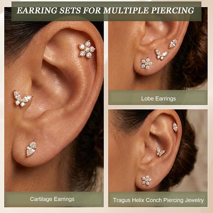 3 Pairs 20G Flat Back Earrings, G23 Titanium Hypoallergenic CZ Studs, 14K Gold Cartilage Helix Tragus Conch Piercing Jewelry for Women