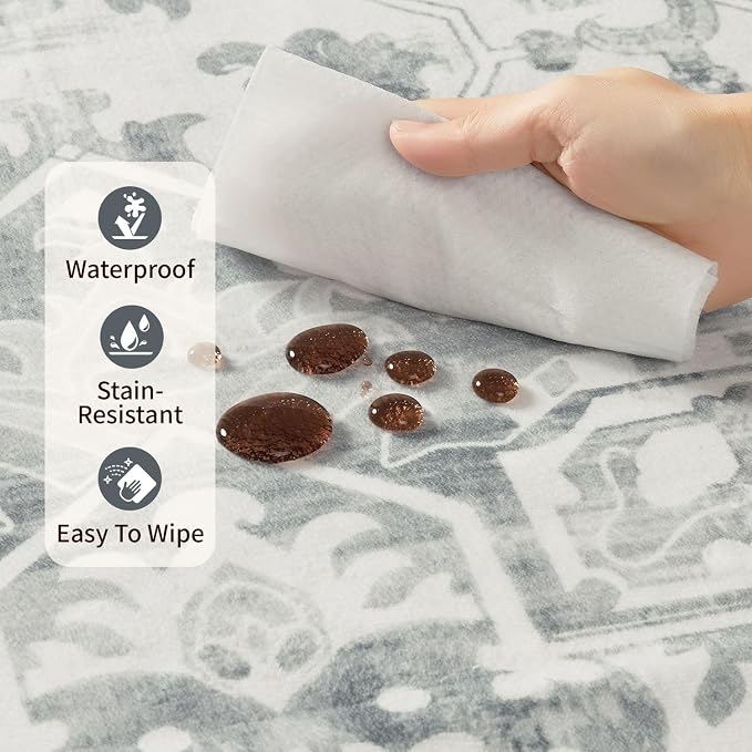 Rugxara 5X7 Washable Area Rug for Living Room, Neutral Vintage Large Boho Rugs for Office, Dining Room, Kids Room, Farmhouse, Durable Low Pile Non Slip Carpet for High Traffic Areas, Light Grey
