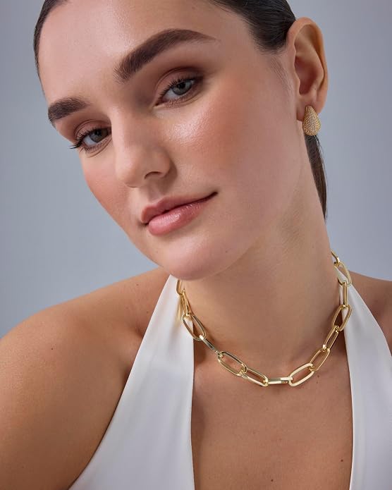PAVOI 14K Gold Plated Chunky Chain Choker Necklaces for Women | Gold Statement Graduated Link Chain Necklace | Bold Oval Link Barbell Links Paperclip Chains