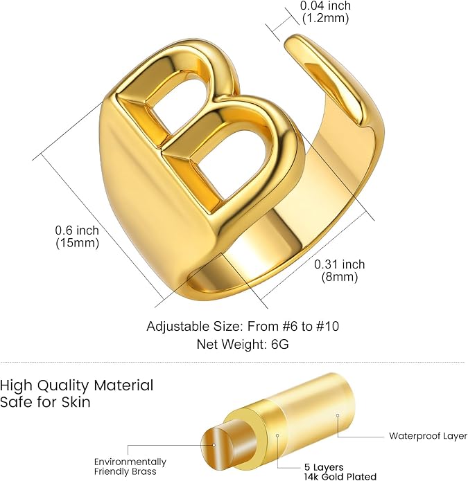 KeyStyle Bold Initial Letter Rings Adjustable, GoldChic Jewelry Women Gold Statement Ring Personalized Engraved Women’s Open Signet Ring for Party (Gold, White Gold, Black)