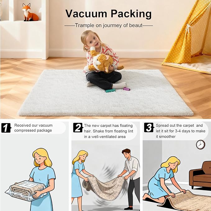 Cream White Rugs for Bedroom, 3x5 Fluffy Area Rugs for Living Room, Small Fuzzy Shag Soft Non-Slip Carpet for Kids Girls and Boys Nursery Dorm Indoor Room Home Decor (3ft X 5ft, Cream White)