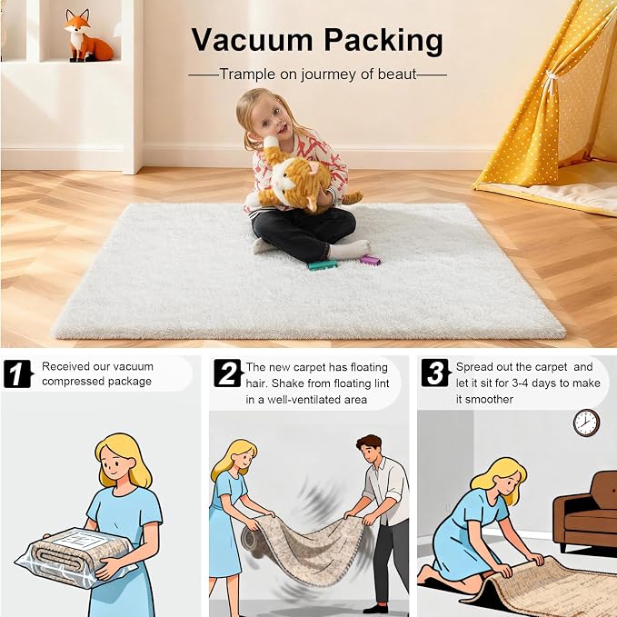 Cream White Rugs for Bedroom, 4x6 Fluffy Area Rugs for Living Room, Small Fuzzy Shag Soft Non-Slip Carpet for Kids Girls and Boys Nursery Dorm Indoor Room Home Decor (4ft X 6ft, Cream White)
