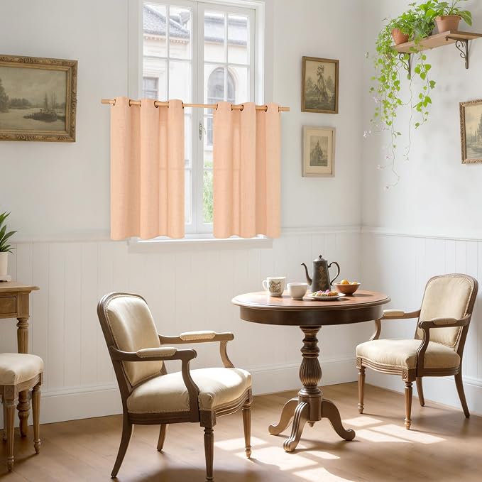 YoungsTex Peach Linen Curtains 40 Inches Long, Short Drapes with Bronze Grommet Privacy Light Filtering for Living Room Bathroom Kitchen Winodw, 42 x 40 Inch, 2 Panels