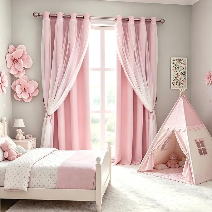 Blush Pink Double Layer Blackout Curtains 2 Panels for Girls Nursery, 52x72 Inch