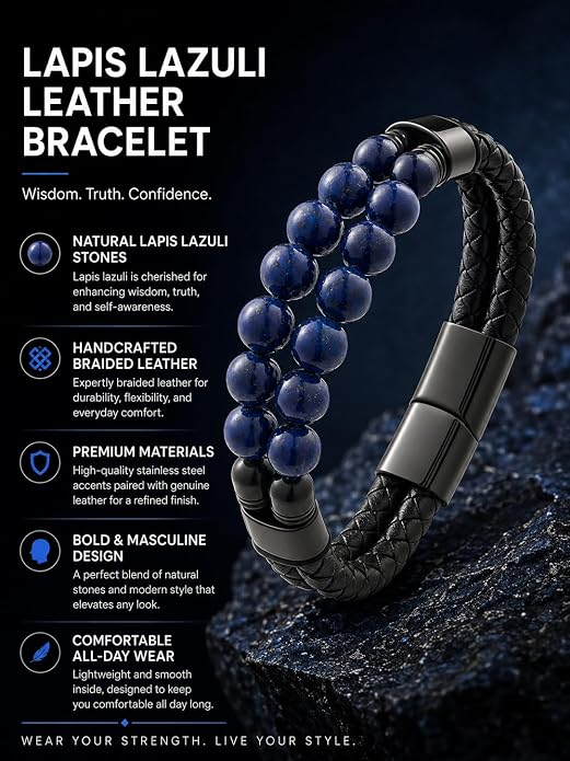 Black Braided Leather Bracelet for Men with Turquoise, Lapis Lazuli, Tiger Eye, Obsidian Stone Double-Row Wristband Beads with Stainless Steel Clasp Fashion Jewelry Gift for Him