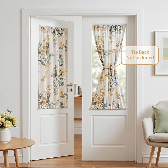 MYSKY HOME Floral Linen French Door Curtains 40 inch Long 2 Panels for Front Door Light Filtering Privacy Semi Sheer Window Curtains with Rod Pocket, Yellow and Blue, 24" W Each Panel