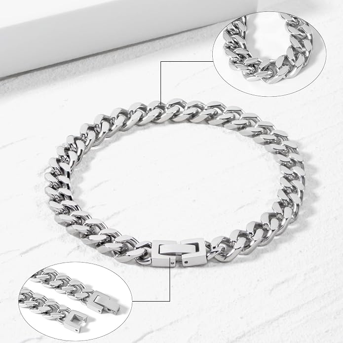 Stainless Steel 8mm Cuban Link Bracelet for Men/Women/Boy,Silver/18K Gold Plated 7/8/9 inch Fashion HIP HOP Jewelry Bracelet for Gifts