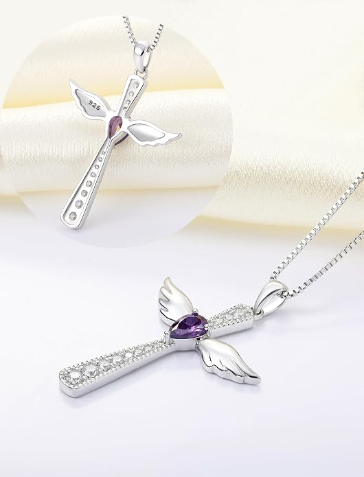 YL Cross Necklace 925 Sterling Silver Angel Wings Pendant Teardrop Birthstone Criss Jewelry for Women